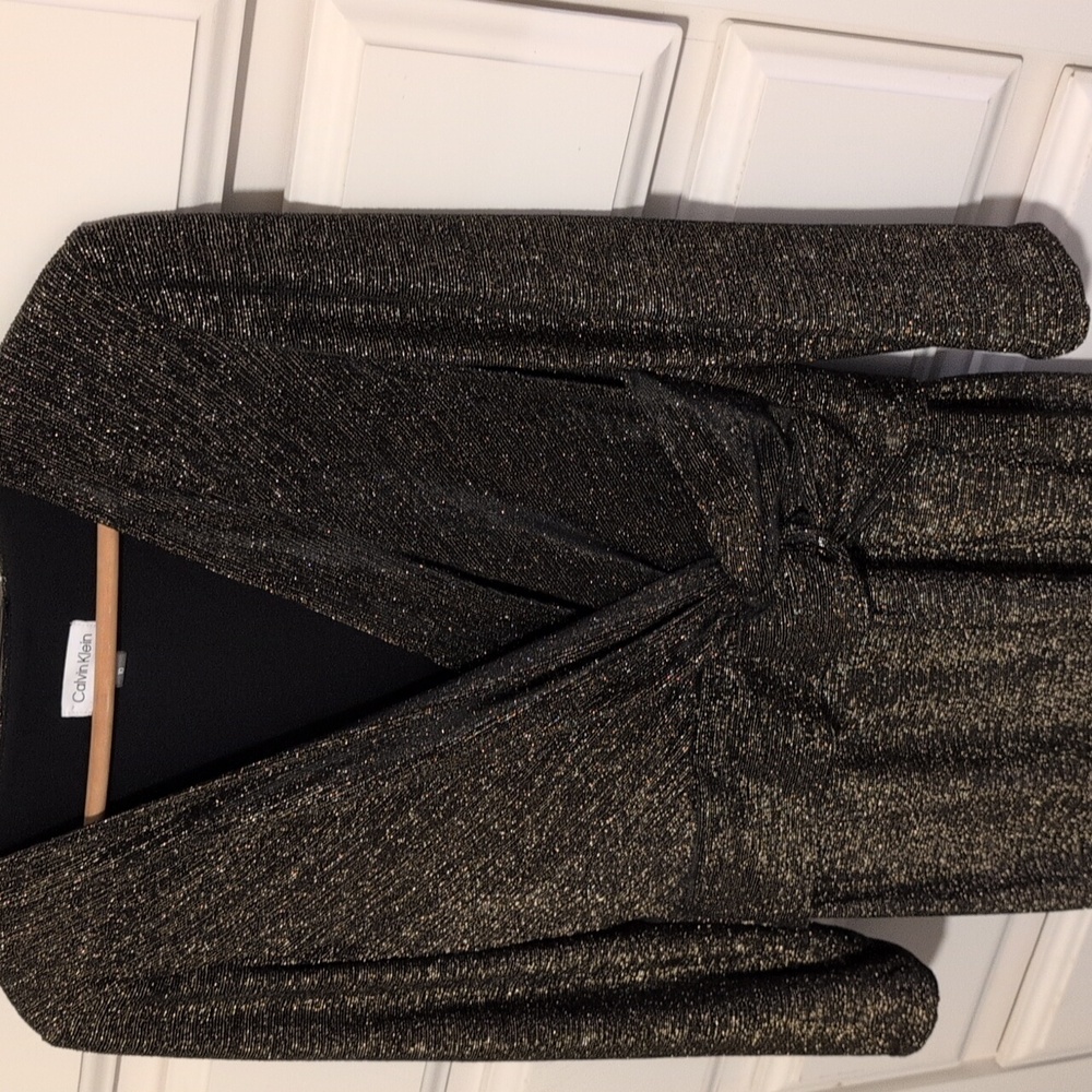 Calvin Klein Black/Gold Metallic Faux Wrap Sheath Dress Size 10